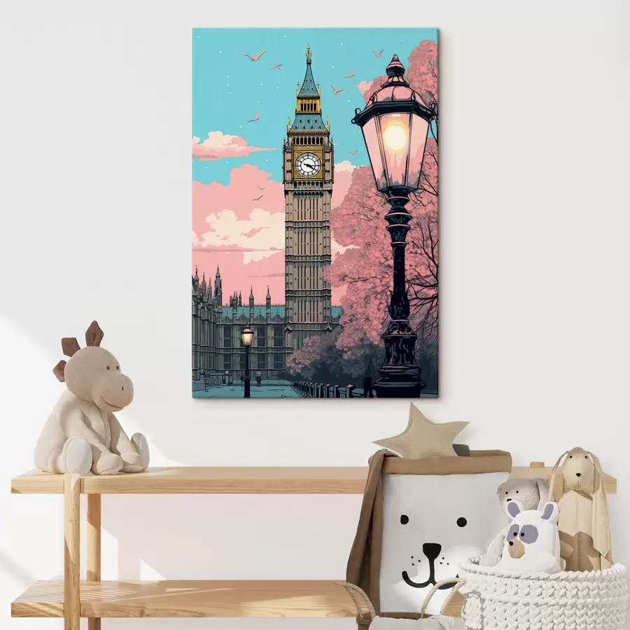 carta da parati Una vista del Big Ben con alberi rosa primaverili, un cielo blu brillante e un lampione vintage in primo piano. nr. s42578