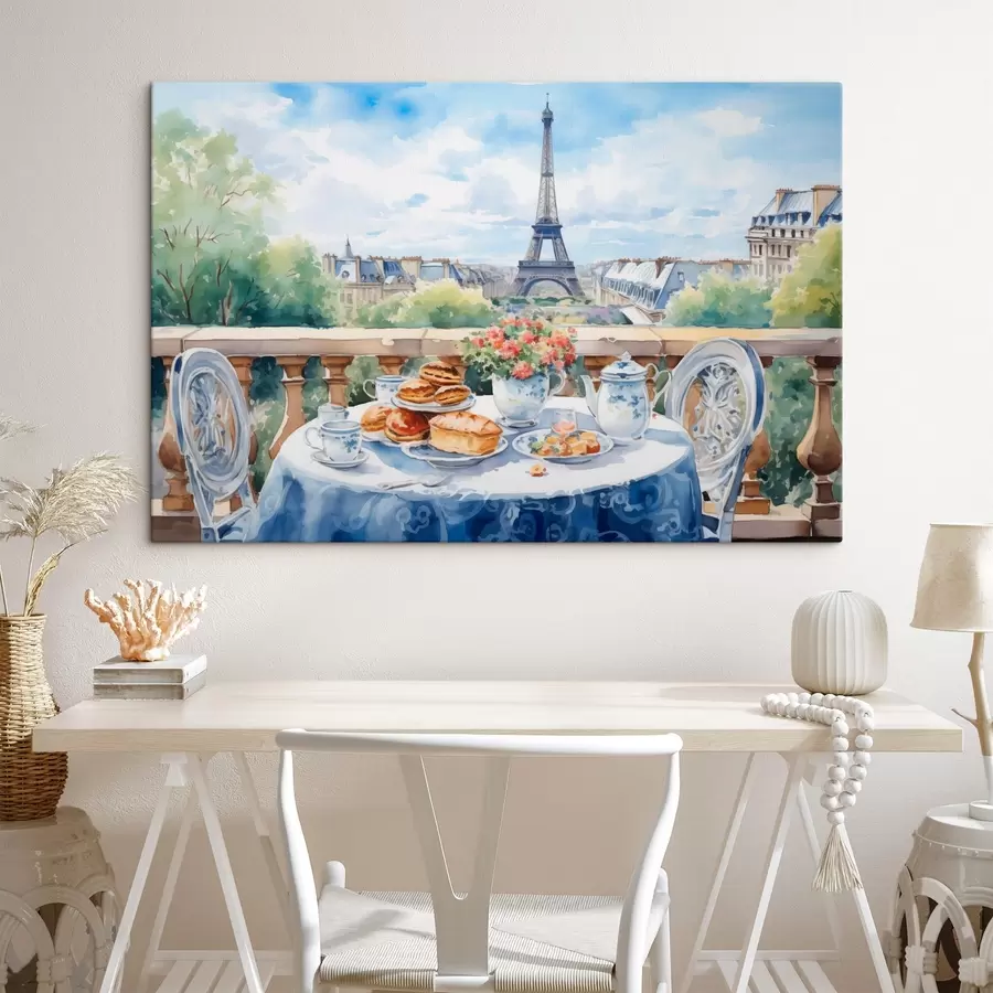 carta da parati Una romantica vista sulla Torre Eiffel da un balcone con una tavola imbandita di dolci, tè e fiori in un'atmosfera estiva. nr. s42579