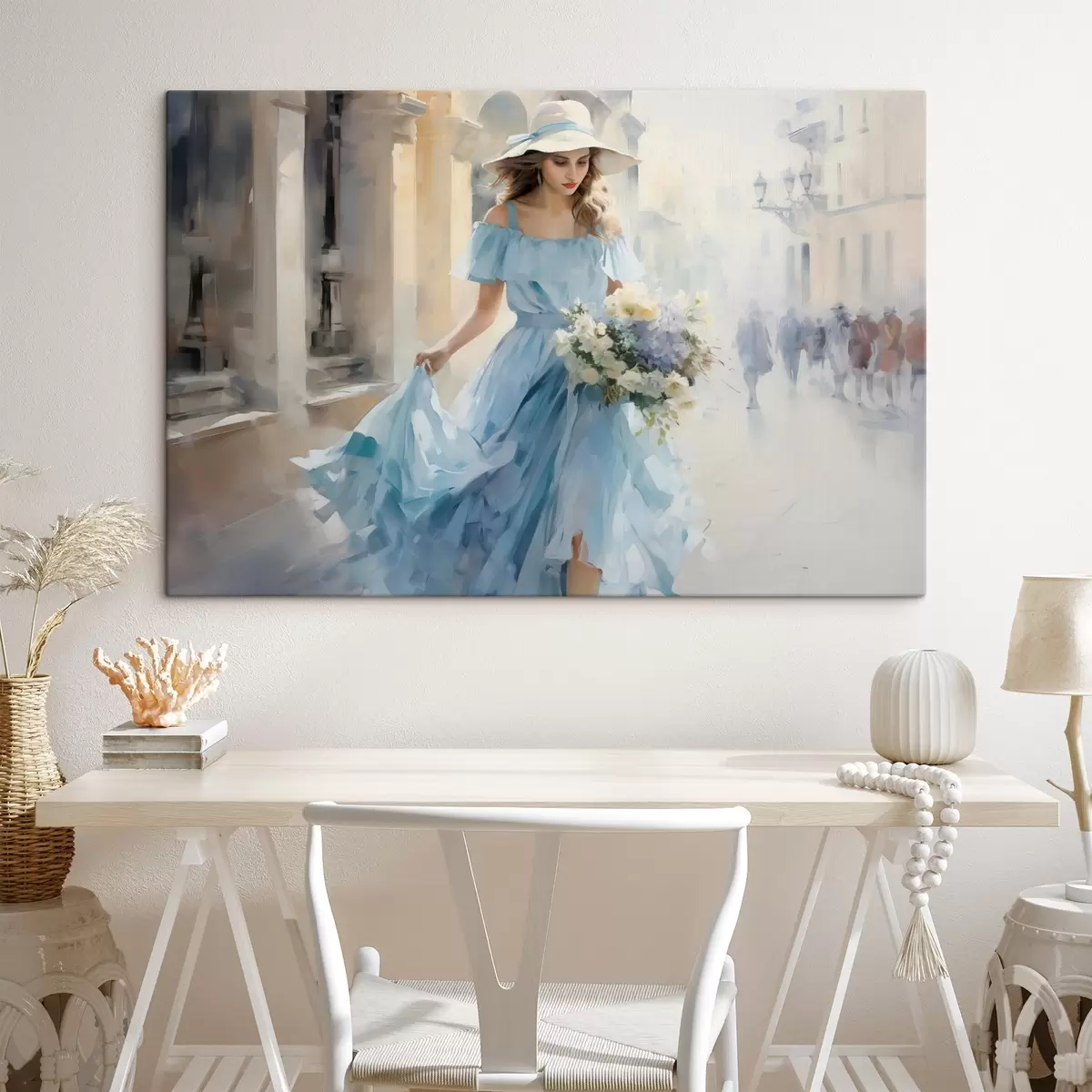 carta da parati Un'elegante ragazza in abito azzurro e cappello passeggia per la città, tenendo in mano un bouquet di fiori, in uno stato d'animo leggero e romantico. nr. s42580