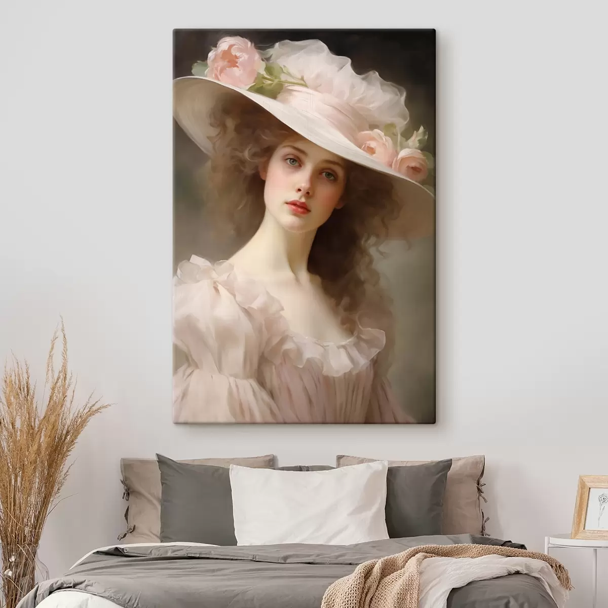 carta da parati Ritratto di una giovane donna con un delicato abito rosa e un cappello ornato di fiori, dall'espressione romantica e raffinata. nr. s42581