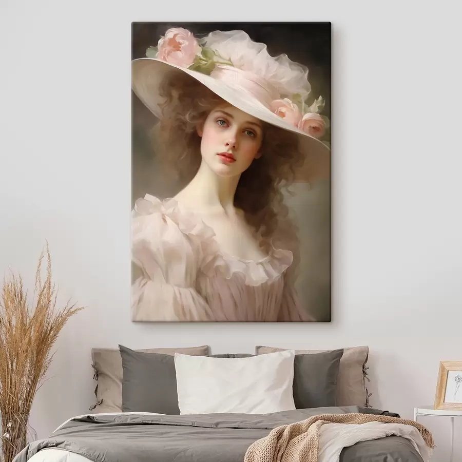 carta da parati Ritratto di una giovane donna con un delicato abito rosa e un cappello ornato di fiori, dall'espressione romantica e raffinata. nr. s42581