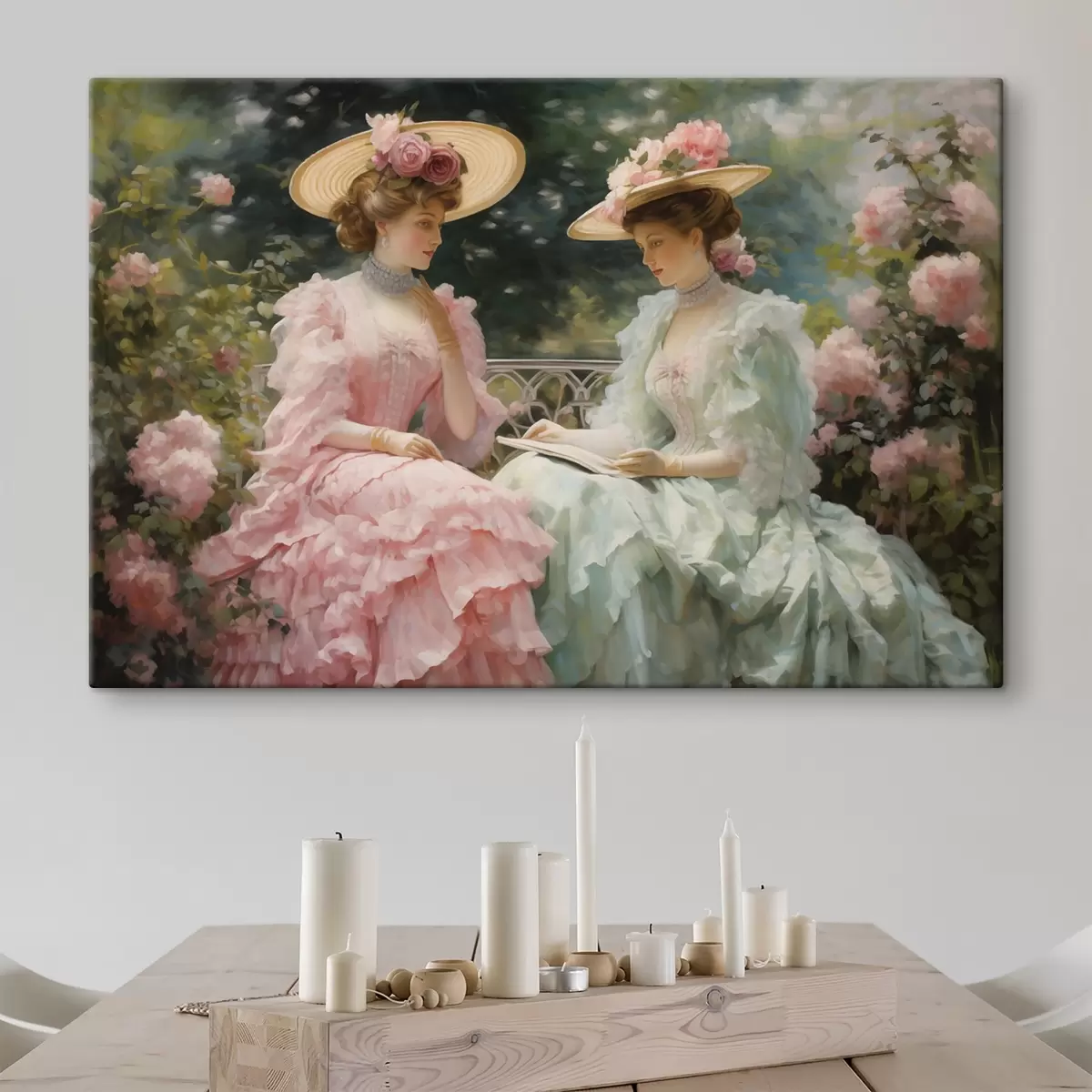 carta da parati Due donne eleganti in abiti pastello sedute in un giardino tra le rose, leggono un libro e si godono un'atmosfera tranquilla. nr. s42582