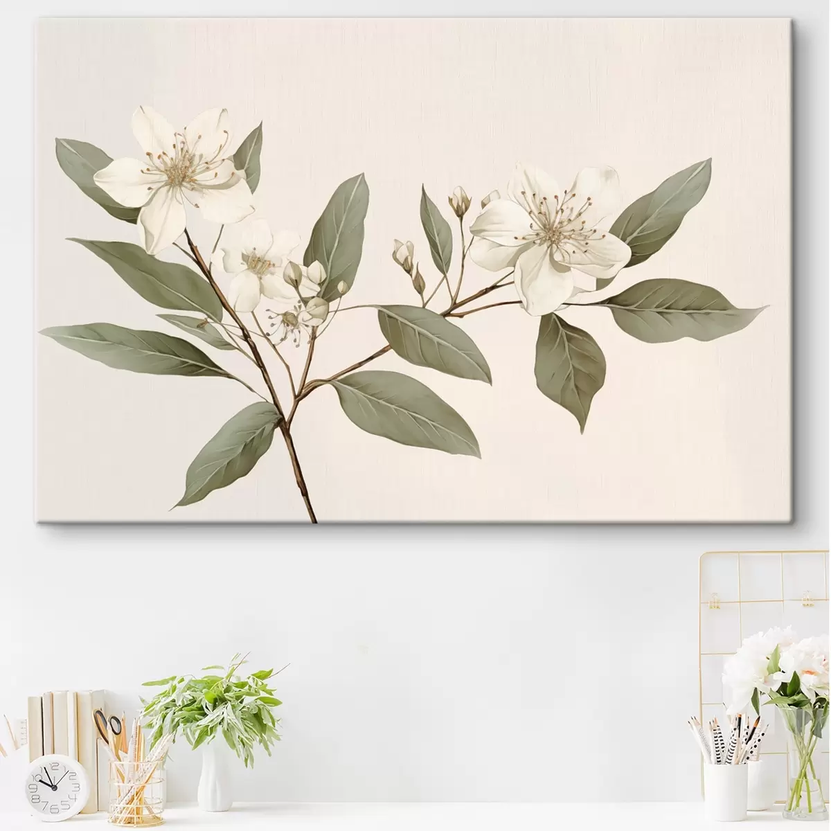 carta da parati Un ramo delicato con fiori bianchi e foglie verdi su uno sfondo chiaro, con dettagli morbidi e uno stile elegante. nr. s42583