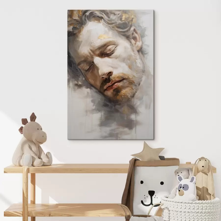 carta da parati Un ritratto astratto di un uomo con gli occhi chiusi, reso in toni morbidi e caldi con pennellate morbide che evocano un senso di calma. nr. s42621