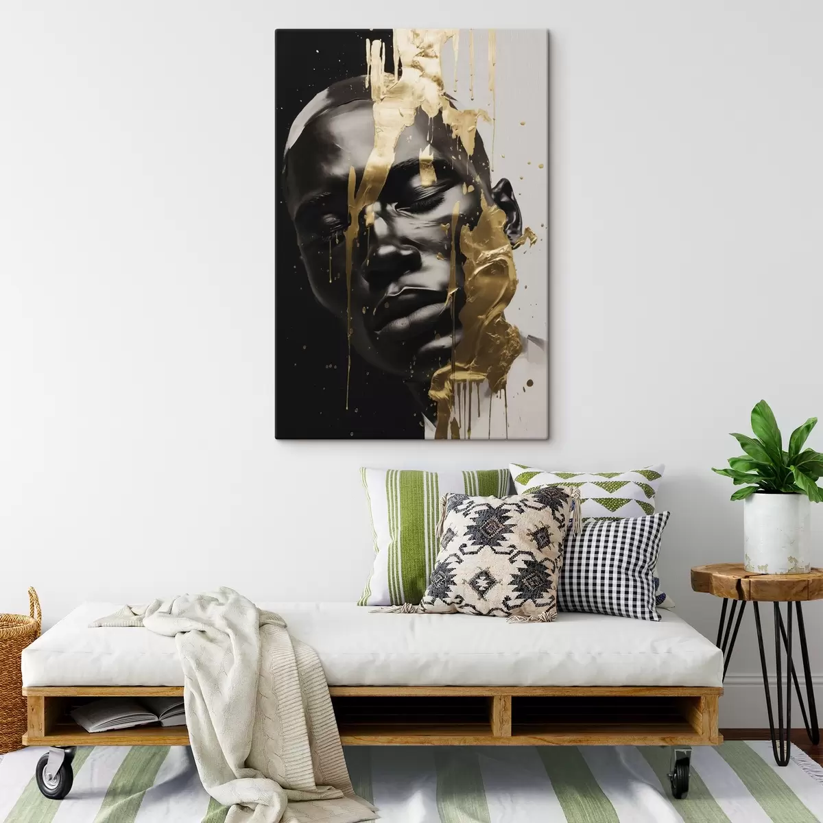 carta da parati Un ritratto astratto di un uomo dai toni morbidi del bianco e nero, evidenziato da pennellate luminose dai colori caldi che creano un effetto dinamico. nr. s42623