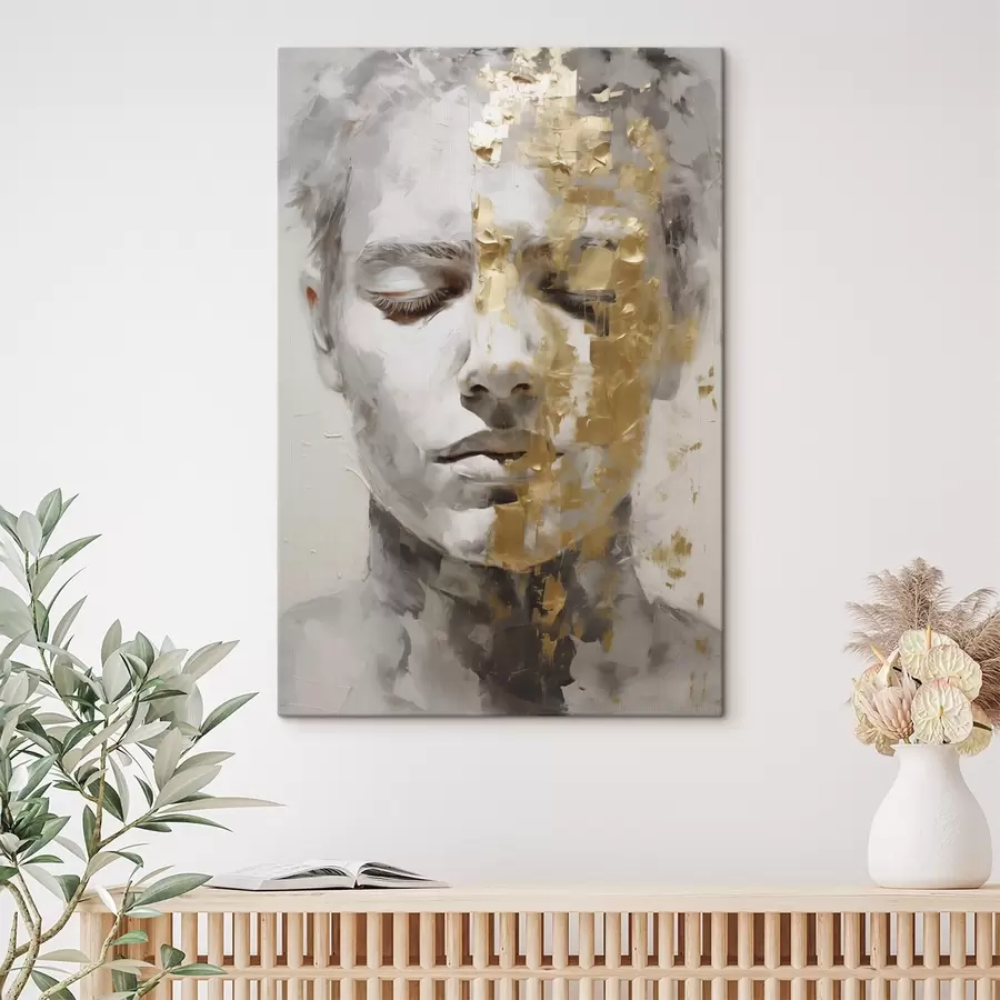 carta da parati Un ritratto astratto con occhi chiusi, reso in toni chiari con pennellate contrastanti di colori caldi che creano un'atmosfera profonda e meditativa. nr. s42624