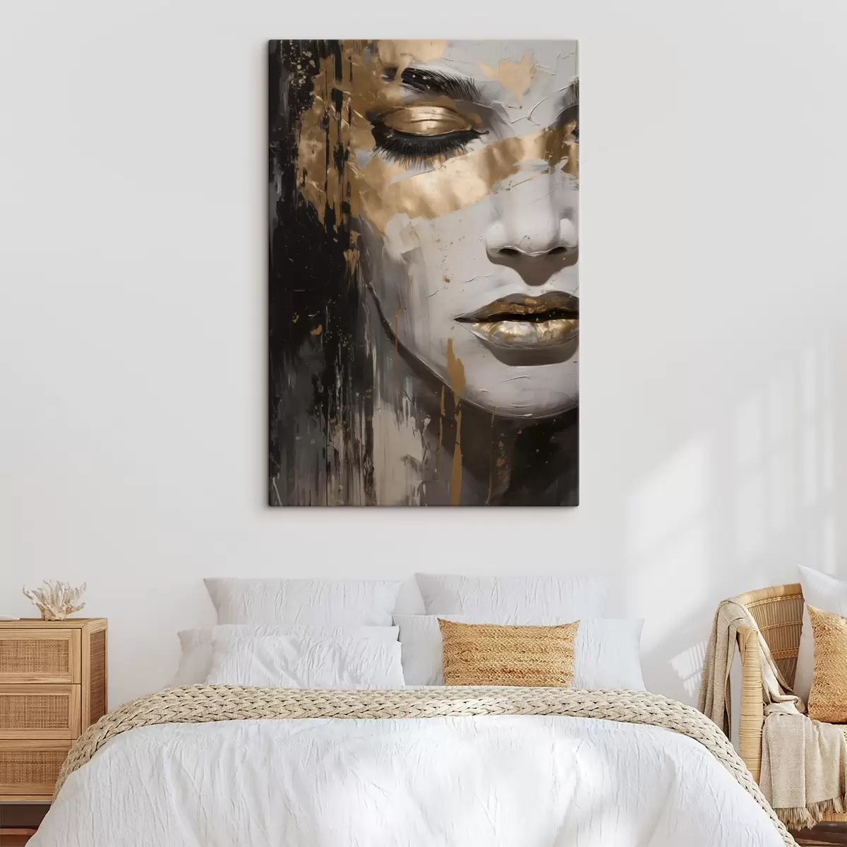 carta da parati Un ritratto astratto di donna che mette in risalto gli occhi e le labbra chiuse, eseguito in bianco e nero con pennellate dinamiche dai colori caldi. nr. s42626