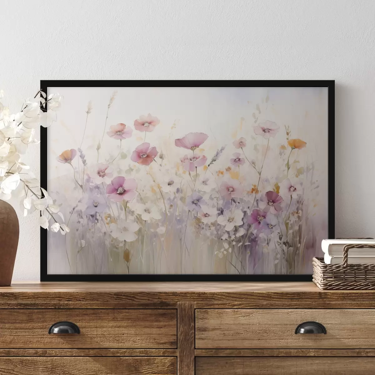 Poster Un prato con fiori acquerellati in delicate tonalità rosa, viola e bianche, che creano un'atmosfera di leggerezza e armonia. f42557