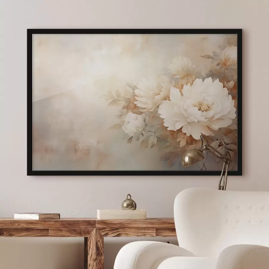 carta da parati Delicate peonie in tonalità crema pastello su uno sfondo sfocato, che crea un'atmosfera morbida e romantica. nr. f42558