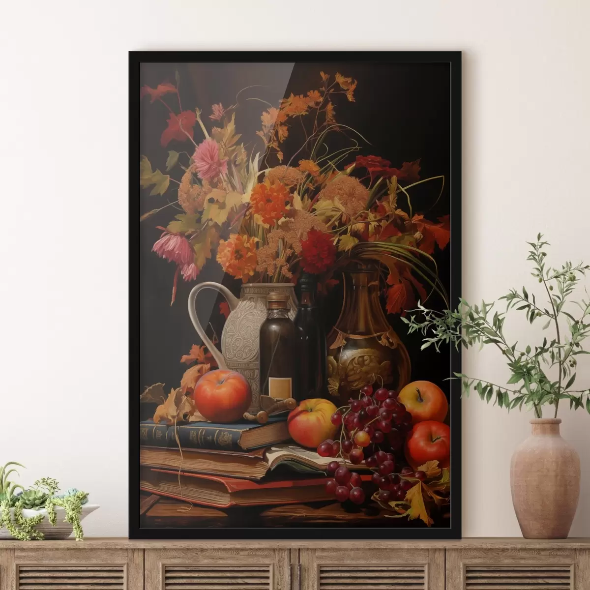 Poster Una natura morta autunnale con un bouquet dai toni caldi dell'arancio e del rosso, mele, uva, libri e piatti di ceramica su uno sfondo scuro. f42561