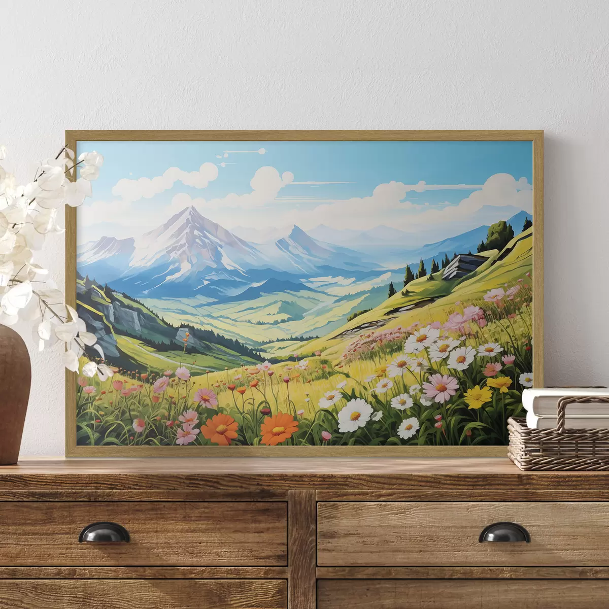 Poster Un vivace paesaggio montano con prati in fiore, colline verdi e cime maestose sotto un cielo azzurro e limpido f42565