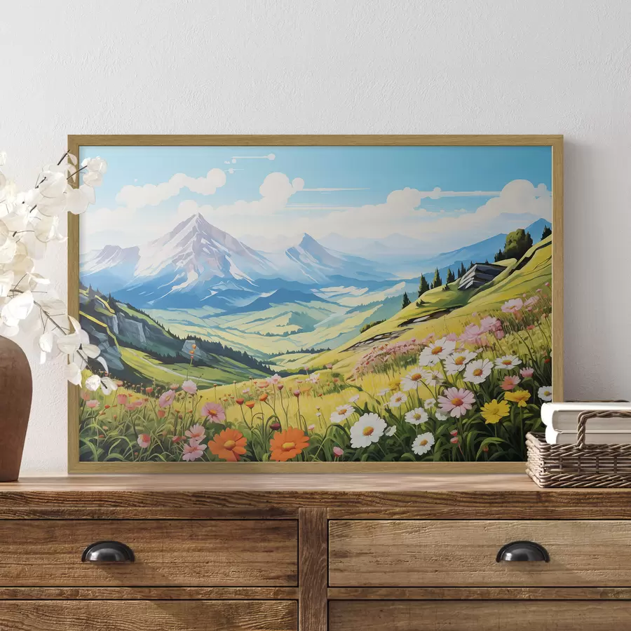 carta da parati Un vivace paesaggio montano con prati in fiore, colline verdi e cime maestose sotto un cielo azzurro e limpido nr. f42565