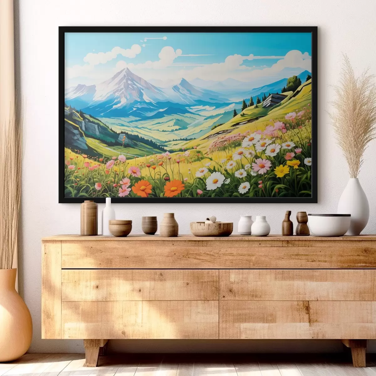 Poster Un vivace paesaggio montano con prati in fiore, colline verdi e cime maestose sotto un cielo azzurro e limpido. f42565