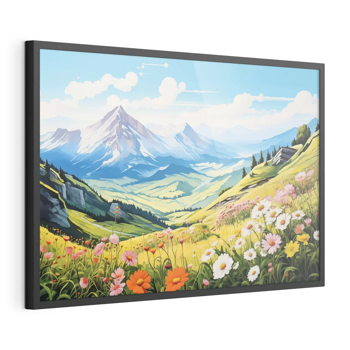 Poster Un vivace paesaggio montano con prati in fiore, colline verdi e cime maestose sotto un cielo azzurro e limpido f42565