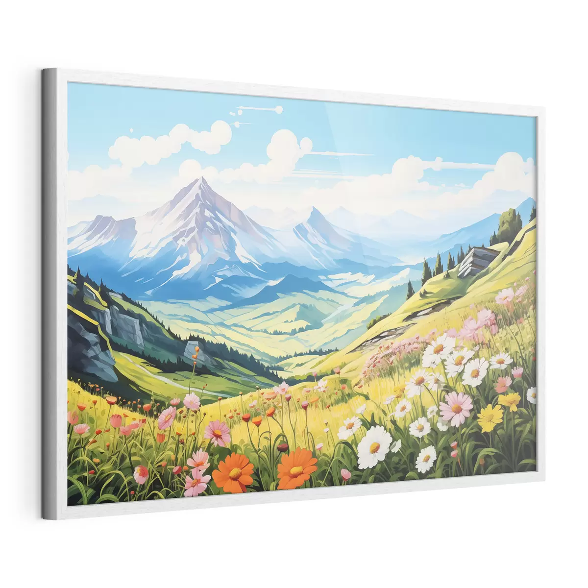 Poster Un vivace paesaggio montano con prati in fiore, colline verdi e cime maestose sotto un cielo azzurro e limpido f42565
