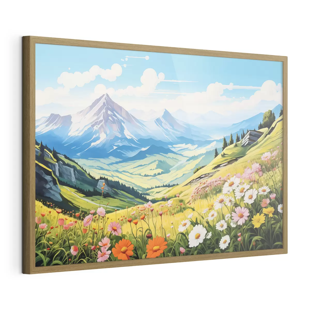 Poster Un vivace paesaggio montano con prati in fiore, colline verdi e cime maestose sotto un cielo azzurro e limpido f42565