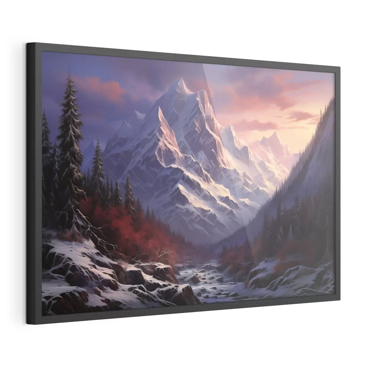 Poster Un paesaggio montano mozzafiato al tramonto con cime innevate, pini scuri e morbide sfumature rosa-viola nel cielo f42566