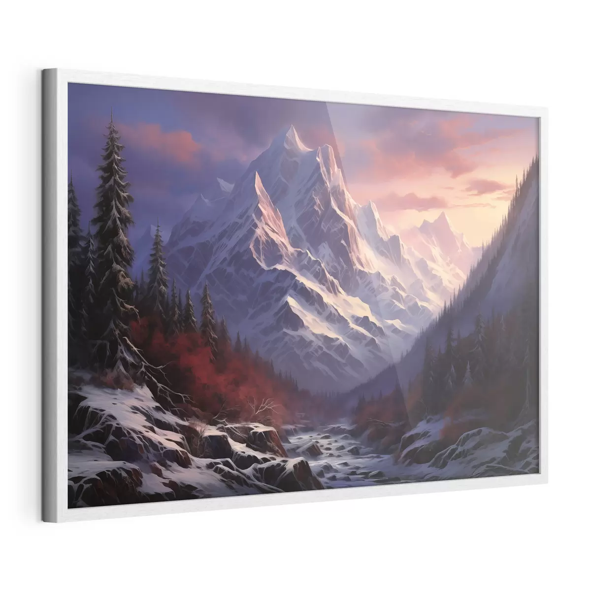 Poster Un paesaggio montano mozzafiato al tramonto con cime innevate, pini scuri e morbide sfumature rosa-viola nel cielo f42566