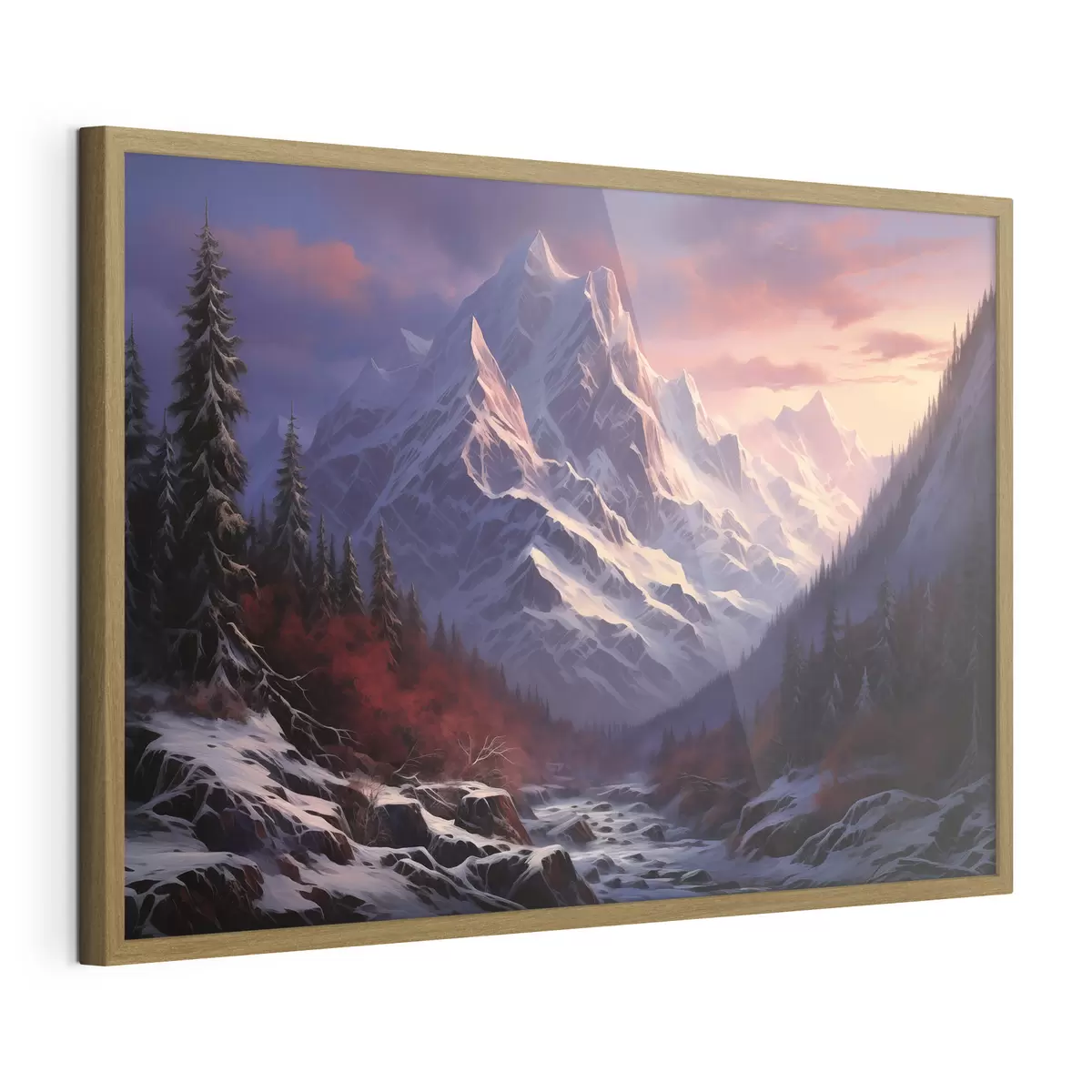 Poster Un paesaggio montano mozzafiato al tramonto con cime innevate, pini scuri e morbide sfumature rosa-viola nel cielo f42566