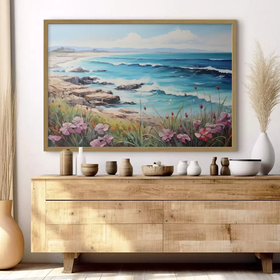 carta da parati Un paesaggio marino con onde turchesi, una riva rocciosa e fiori luminosi in primo piano sotto un cielo azzurro e limpido nr. f42568
