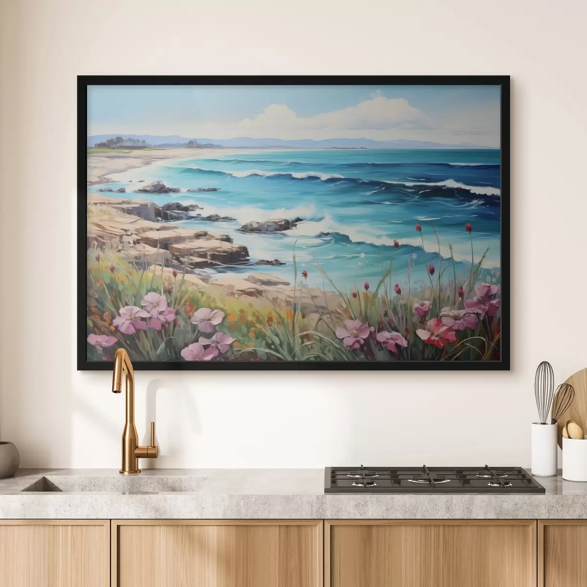 Poster Un paesaggio marino con onde turchesi, una riva rocciosa e fiori luminosi in primo piano sotto un cielo azzurro e limpido. f42568