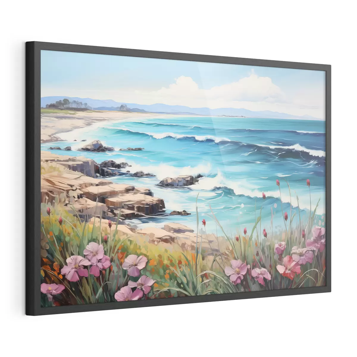 Poster Un paesaggio marino con onde turchesi, una riva rocciosa e fiori luminosi in primo piano sotto un cielo azzurro e limpido f42568