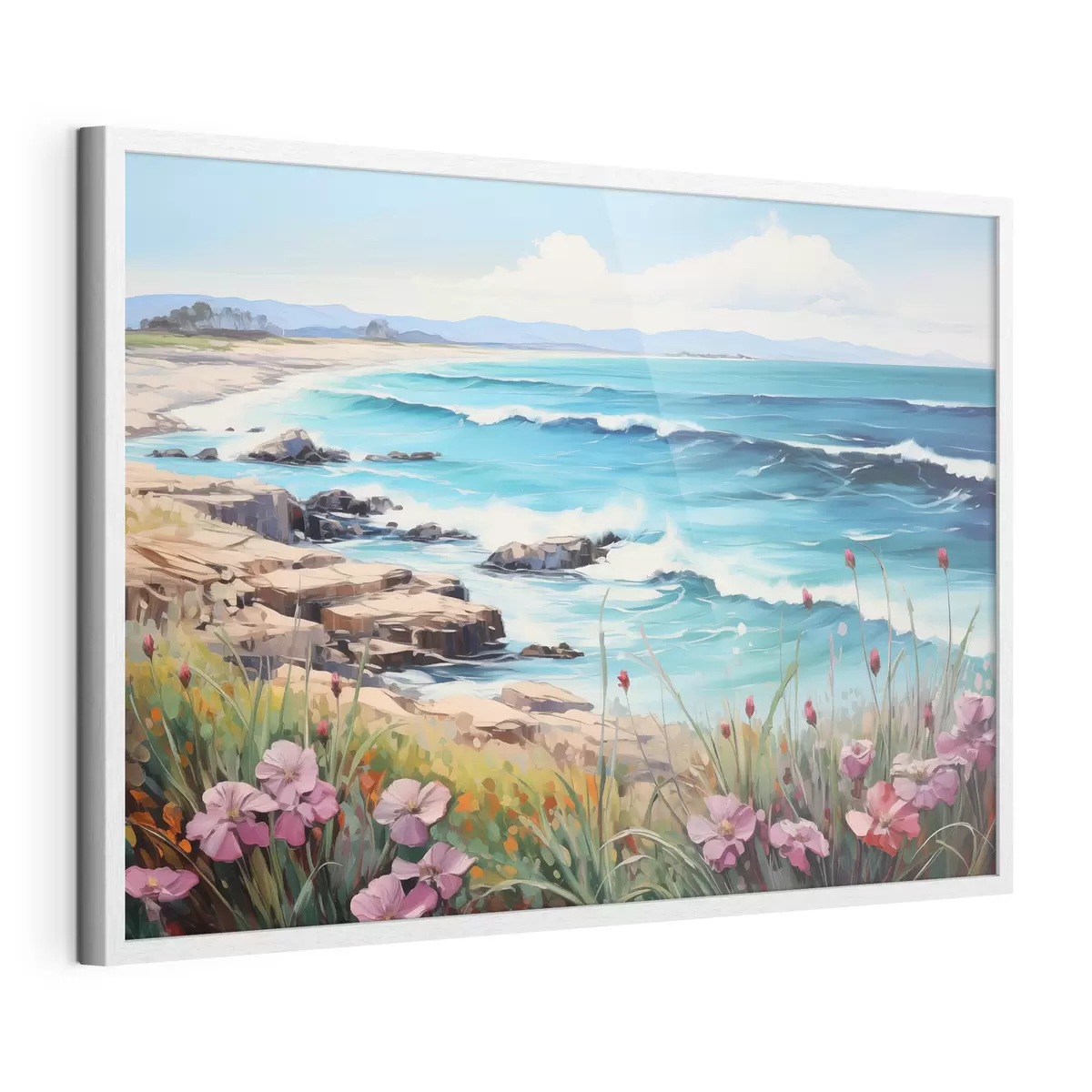 Poster Un paesaggio marino con onde turchesi, una riva rocciosa e fiori luminosi in primo piano sotto un cielo azzurro e limpido f42568