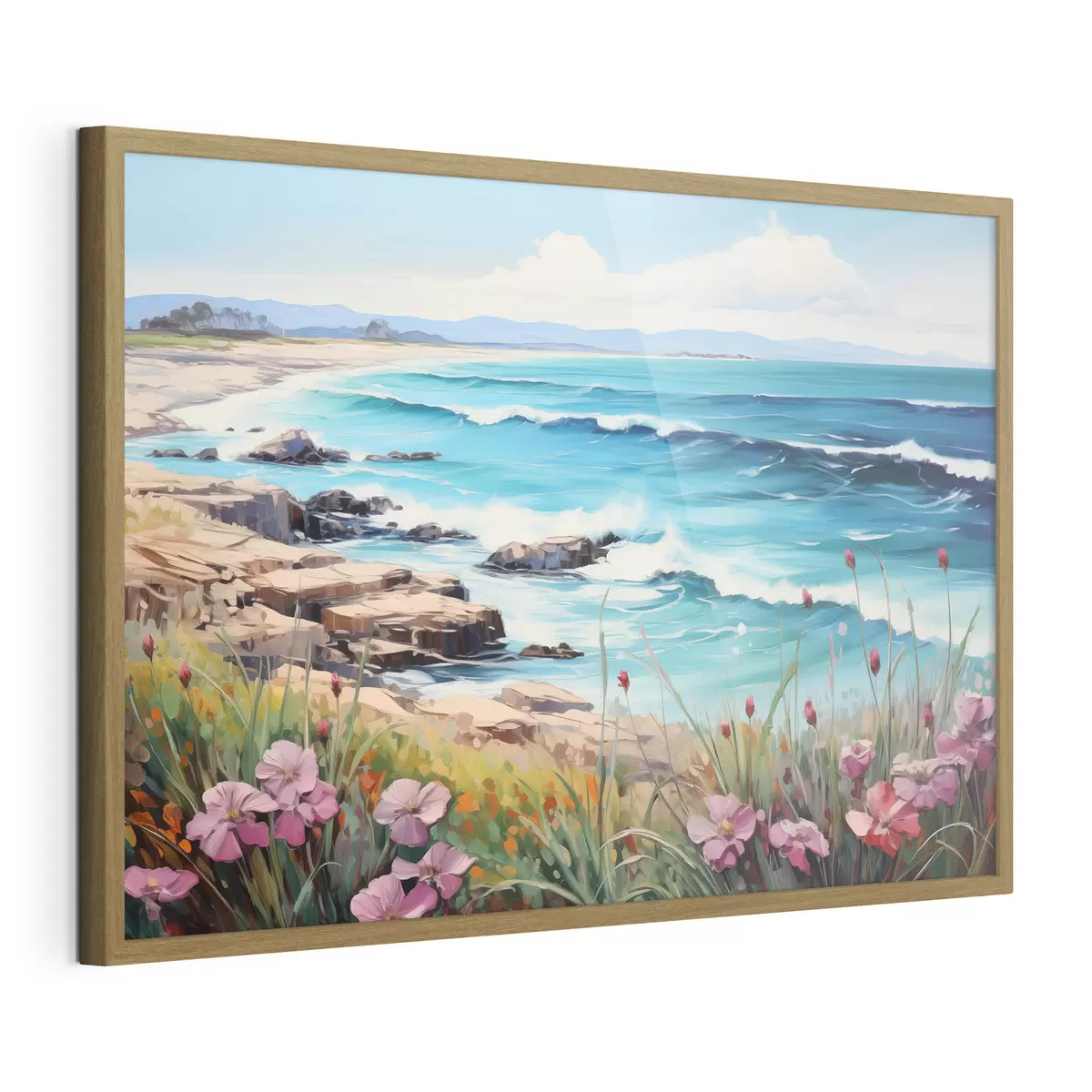 Poster Un paesaggio marino con onde turchesi, una riva rocciosa e fiori luminosi in primo piano sotto un cielo azzurro e limpido f42568