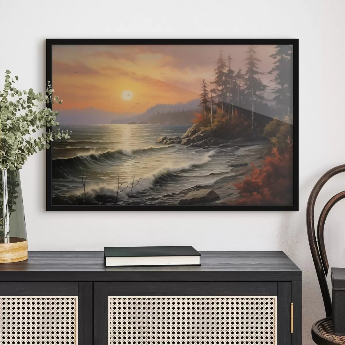 Poster Tramonto sul mare con onde, pineta e colori autunnali in primo piano. f42571