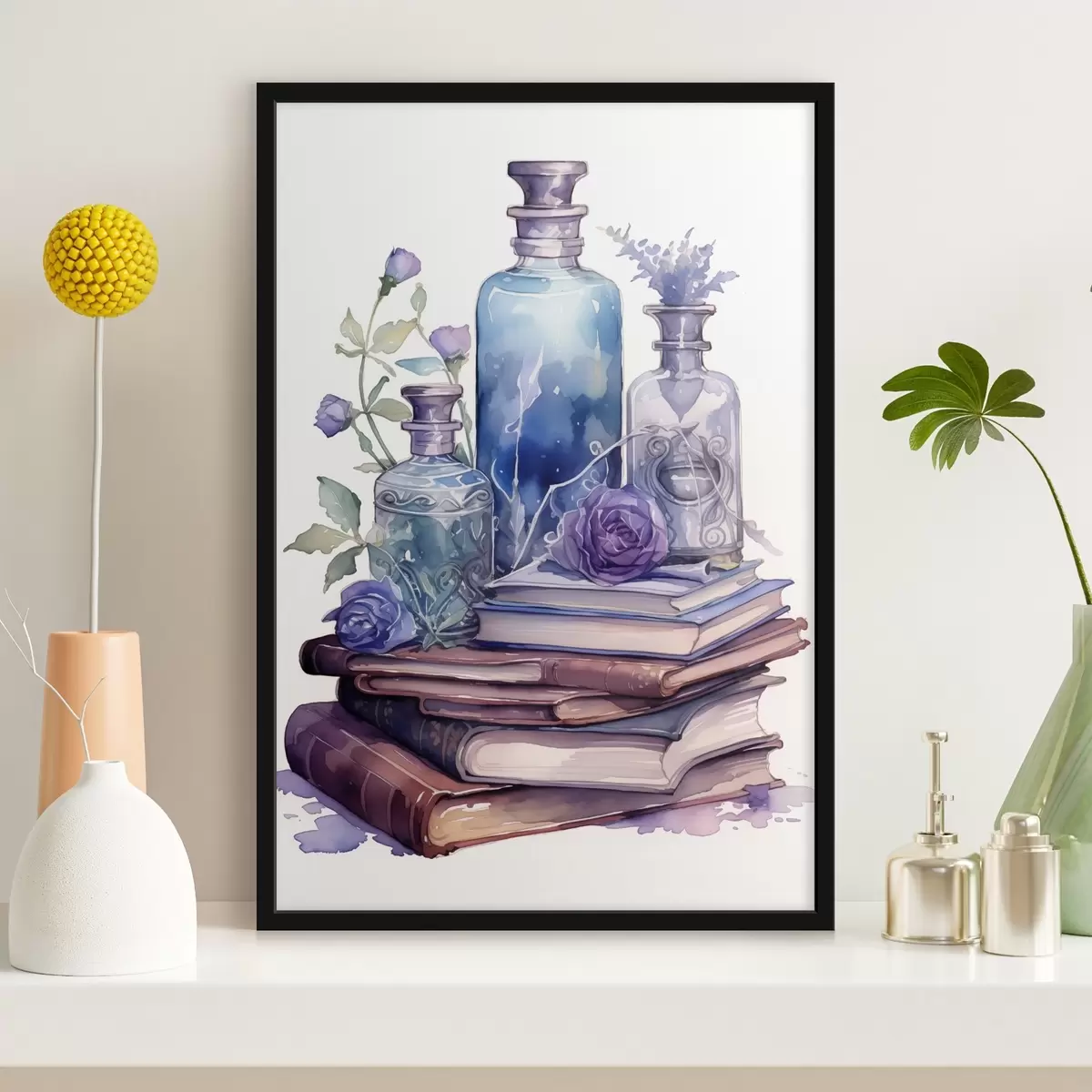 Poster Una natura morta con libri d'epoca, bottiglie di vetro nei toni del blu-violetto e fiori decorativi. f42574