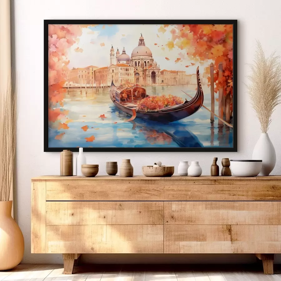 carta da parati Una veduta autunnale di Venezia con una gondola circondata da foglie arancioni e rosse, con i riflessi degli edifici nell'acqua calma del canale. nr. f42576