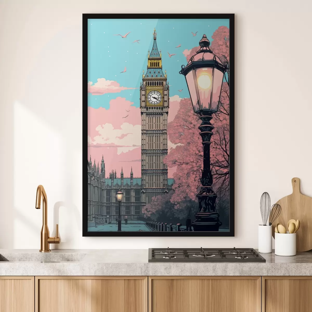 Poster Una vista del Big Ben con alberi rosa primaverili, un cielo blu brillante e un lampione vintage in primo piano. f42578
