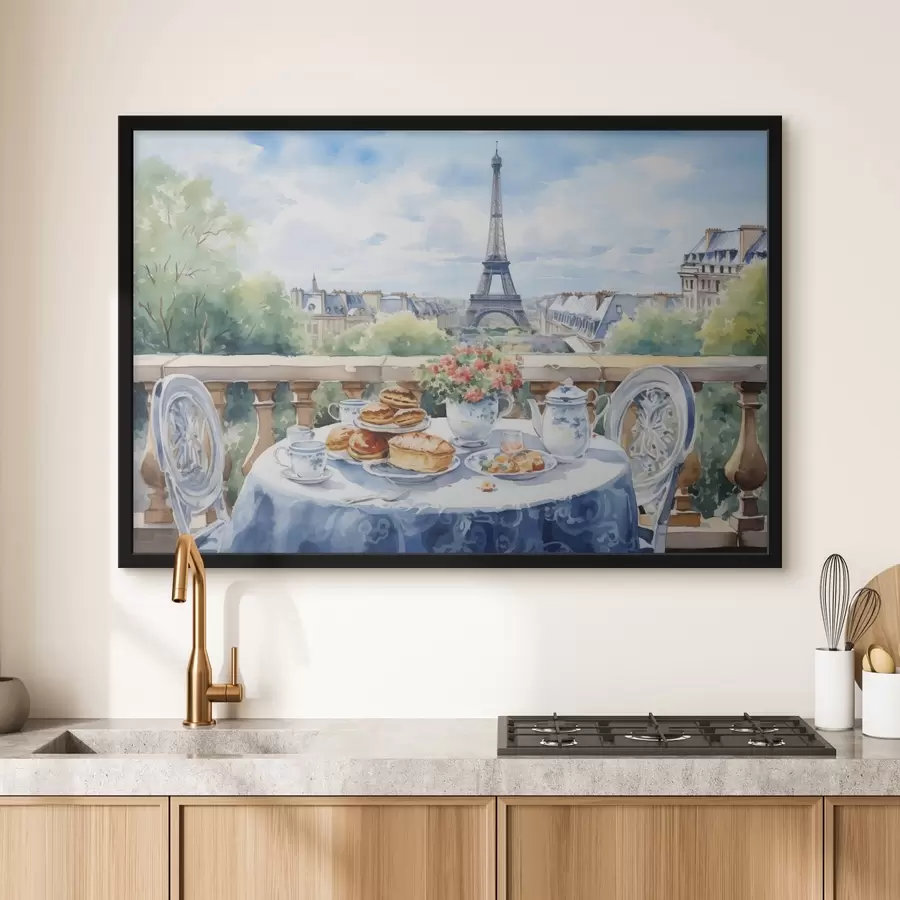 carta da parati Una romantica vista sulla Torre Eiffel da un balcone con una tavola imbandita di dolci, tè e fiori in un'atmosfera estiva. nr. f42579