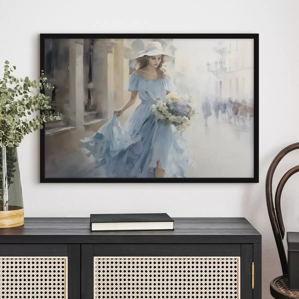 Poster Un'elegante ragazza in abito azzurro e cappello passeggia per la città, tenendo in mano un bouquet di fiori, in uno stato d'animo leggero e romantico. f42580