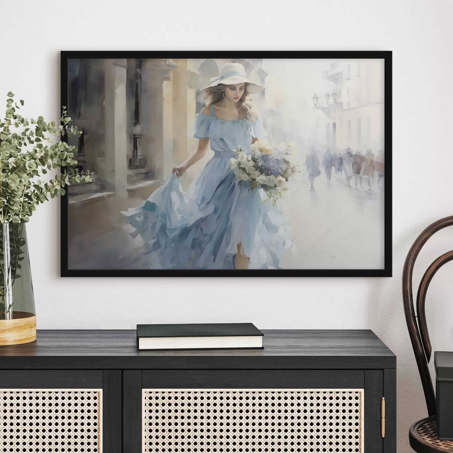 carta da parati Un'elegante ragazza in abito azzurro e cappello passeggia per la città, tenendo in mano un bouquet di fiori, in uno stato d'animo leggero e romantico. nr. f42580