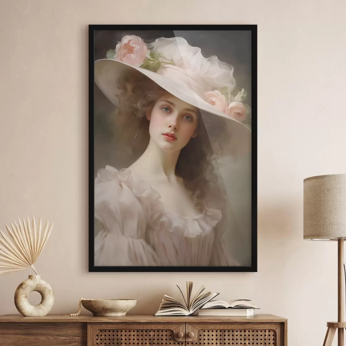 Poster Ritratto di una giovane donna con un delicato abito rosa e un cappello ornato di fiori, dall'espressione romantica e raffinata. f42581