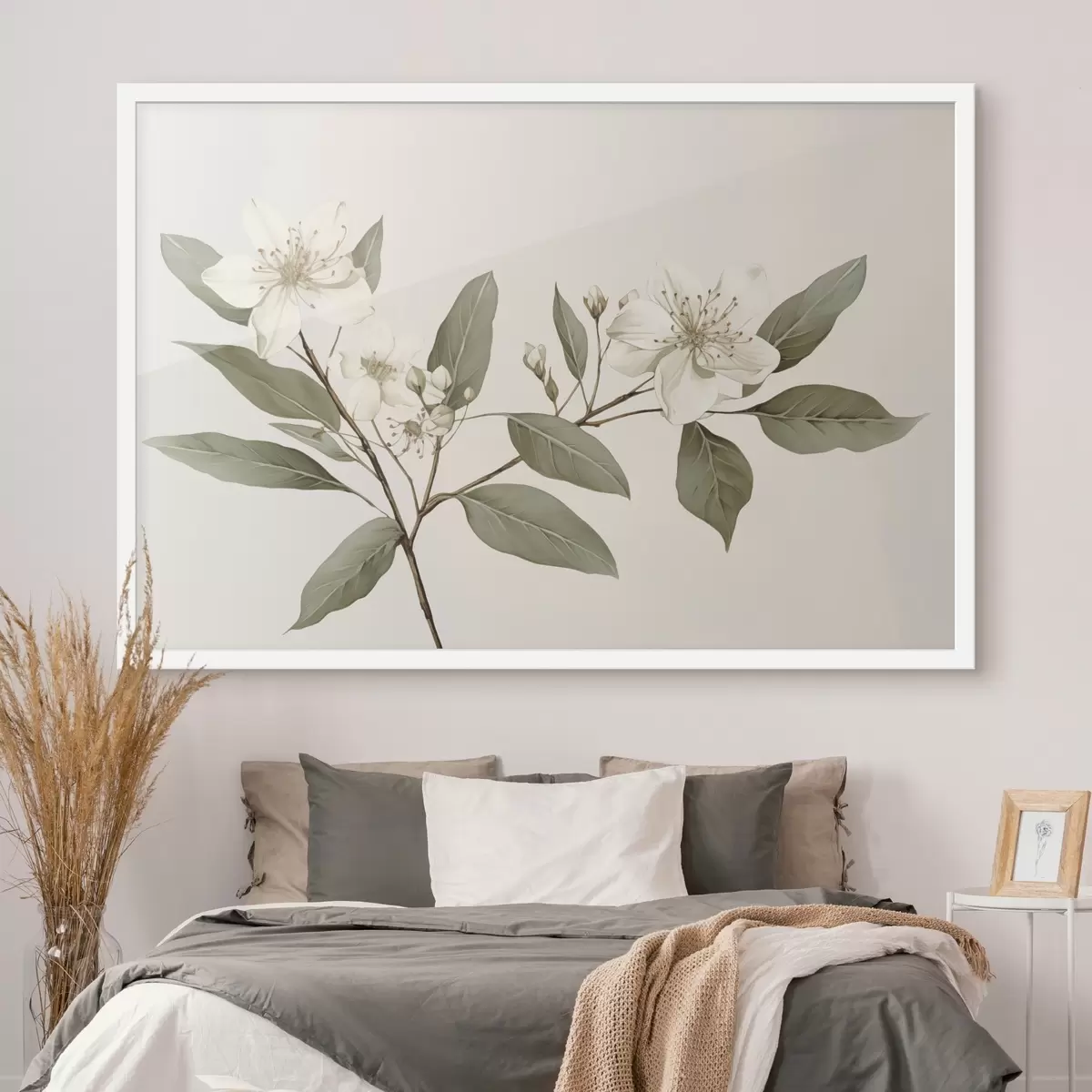 Poster Un ramo delicato con fiori bianchi e foglie verdi su uno sfondo chiaro, con dettagli morbidi e uno stile elegante. f42583