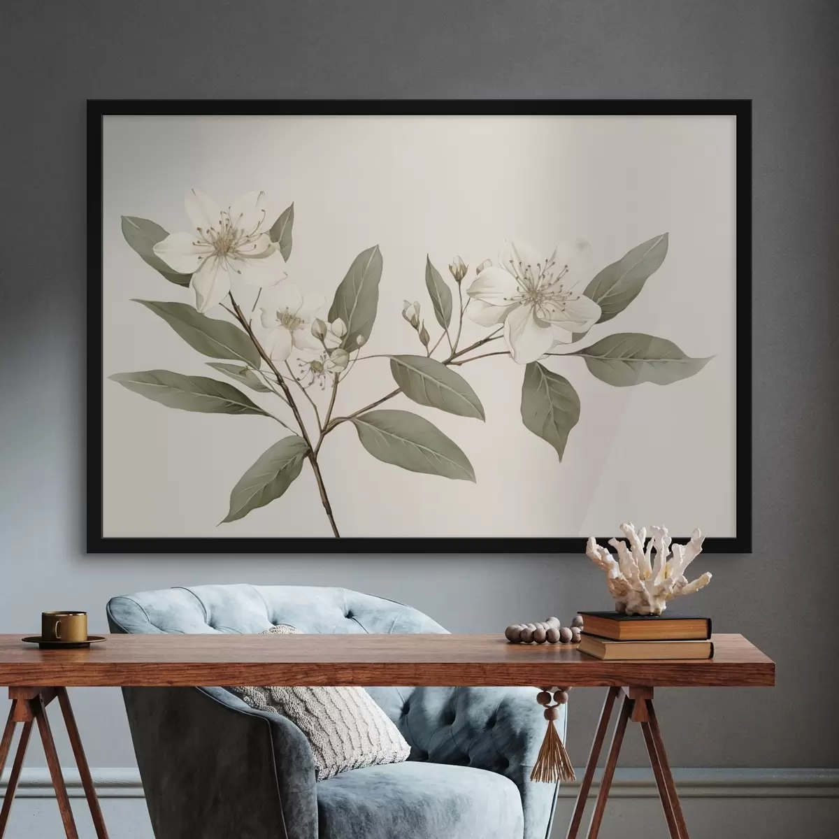 Poster Un ramo delicato con fiori bianchi e foglie verdi su uno sfondo chiaro, con dettagli morbidi e uno stile elegante. f42583