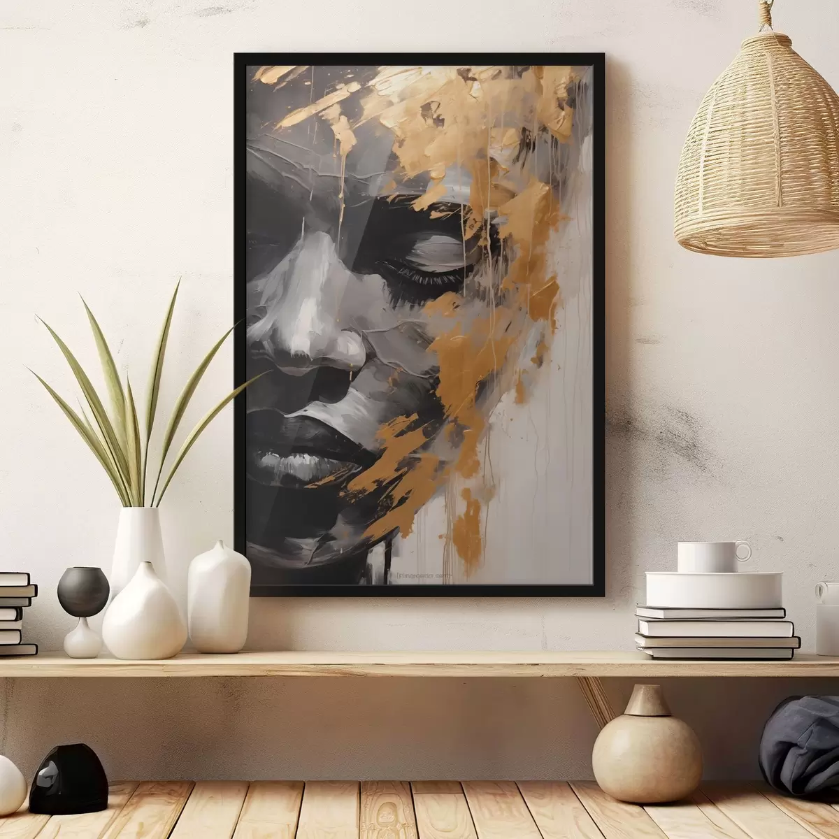 Poster Un ritratto astratto di donna in bianco e nero con pennellate audaci e dai colori caldi che aggiungono contrasto e profondità emotiva. f42622