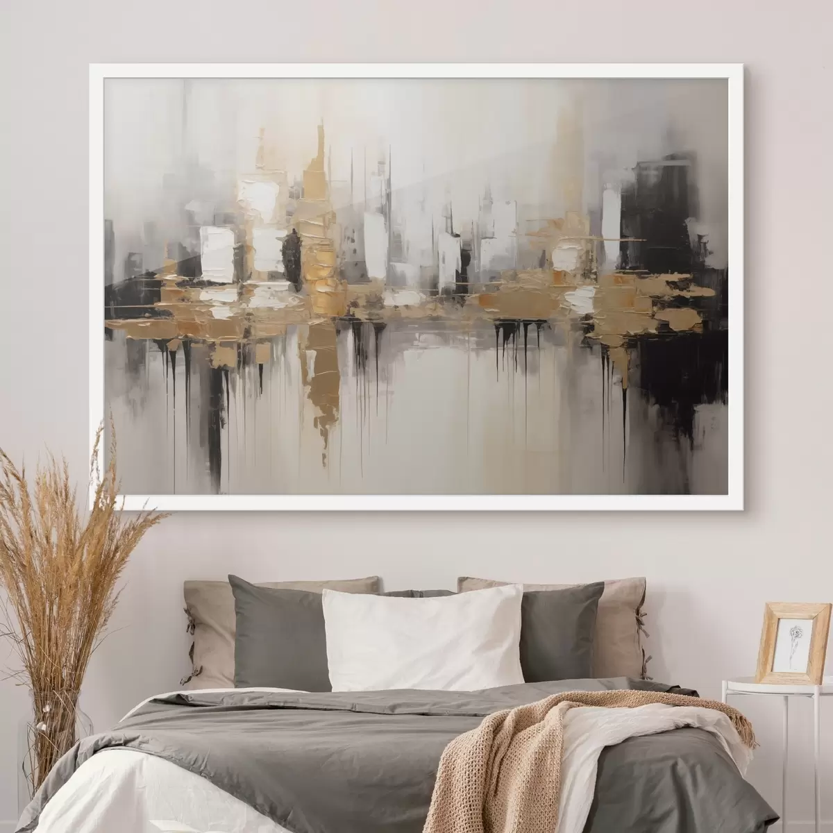 Poster Un paesaggio urbano astratto con riflessi di edifici nell'acqua, creato in toni neutri con accenti di tonalità calde. f42628