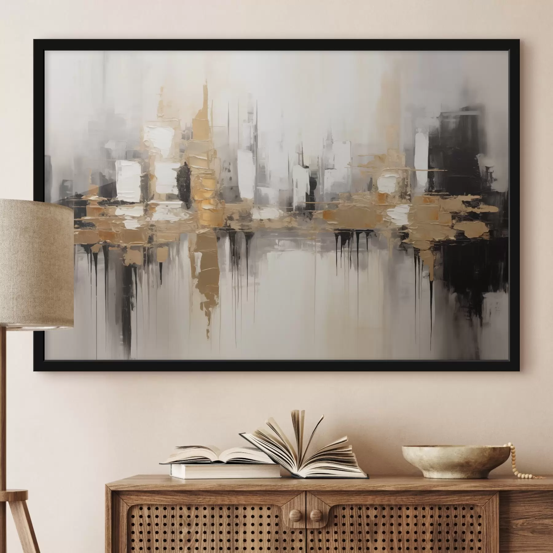 carta da parati Un paesaggio urbano astratto con riflessi di edifici nell'acqua, creato in toni neutri con accenti di tonalità calde. nr. f42628