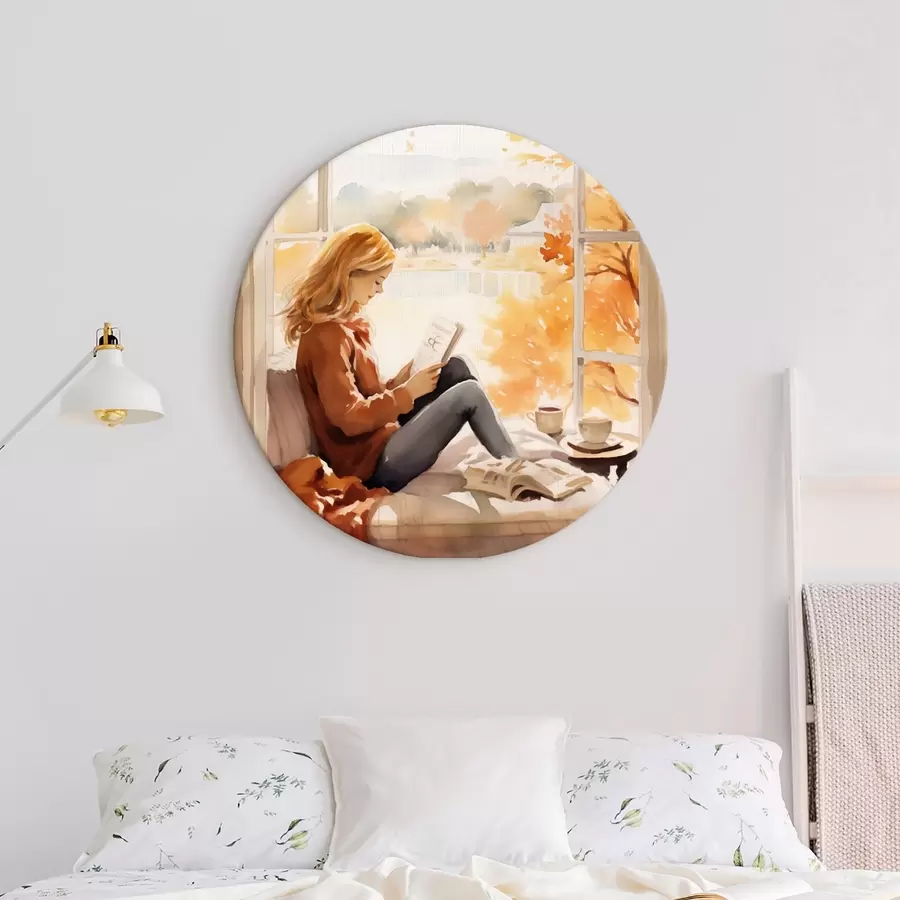 carta da parati Una ragazza che legge un libro davanti a una finestra aperta in un paesaggio autunnale, con alberi chiari sullo sfondo e una tazza di tè accanto. nr. r42572