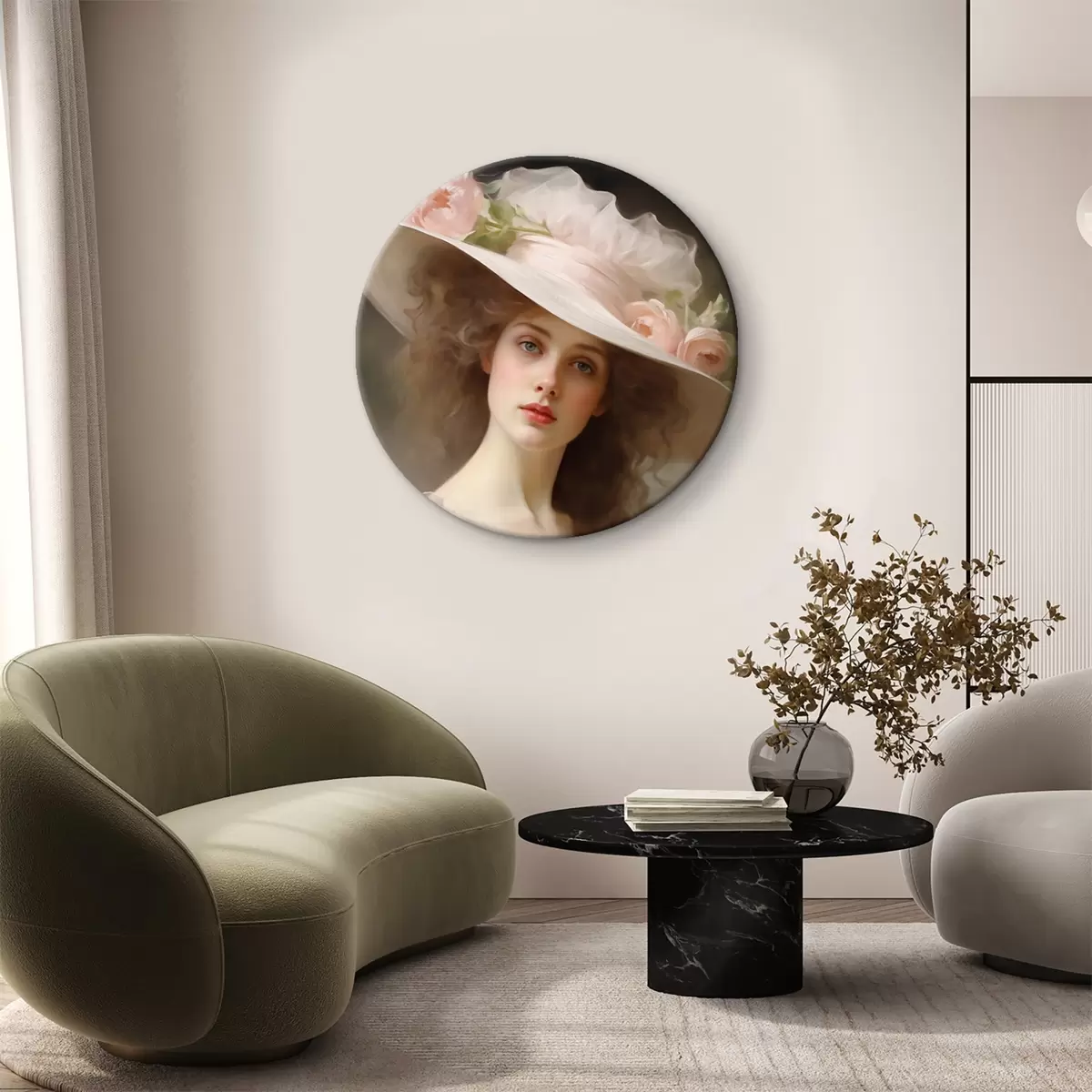 Quadri rotondi Ritratto di una giovane donna con un delicato abito rosa e un cappello ornato di fiori, dall'espressione romantica e raffinata. r42581