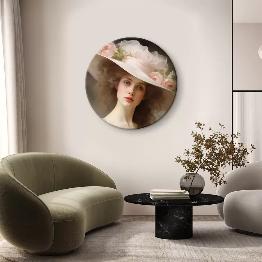 carta da parati Ritratto di una giovane donna con un delicato abito rosa e un cappello ornato di fiori, dall'espressione romantica e raffinata. nr. r42581