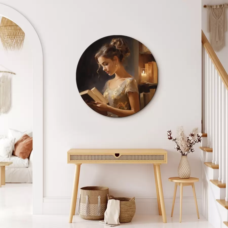 carta da parati Una giovane donna in abito elegante legge un libro in un'atmosfera suggestiva, circondata da librerie e dalla luce soffusa delle candele. nr. r42570