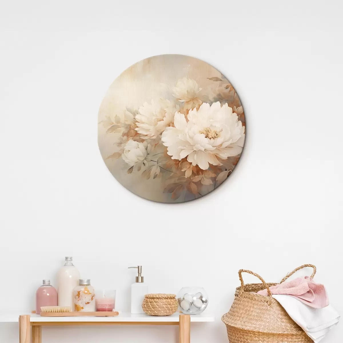 Quadri rotondi Delicate peonie in tonalità crema pastello su uno sfondo sfocato, che crea un'atmosfera morbida e romantica. r42558