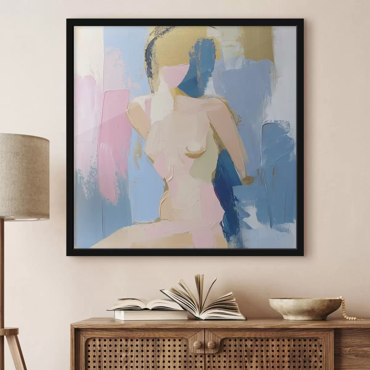 Poster Un disegno astratto di una ragazza realizzato con pennellate di colore f42609