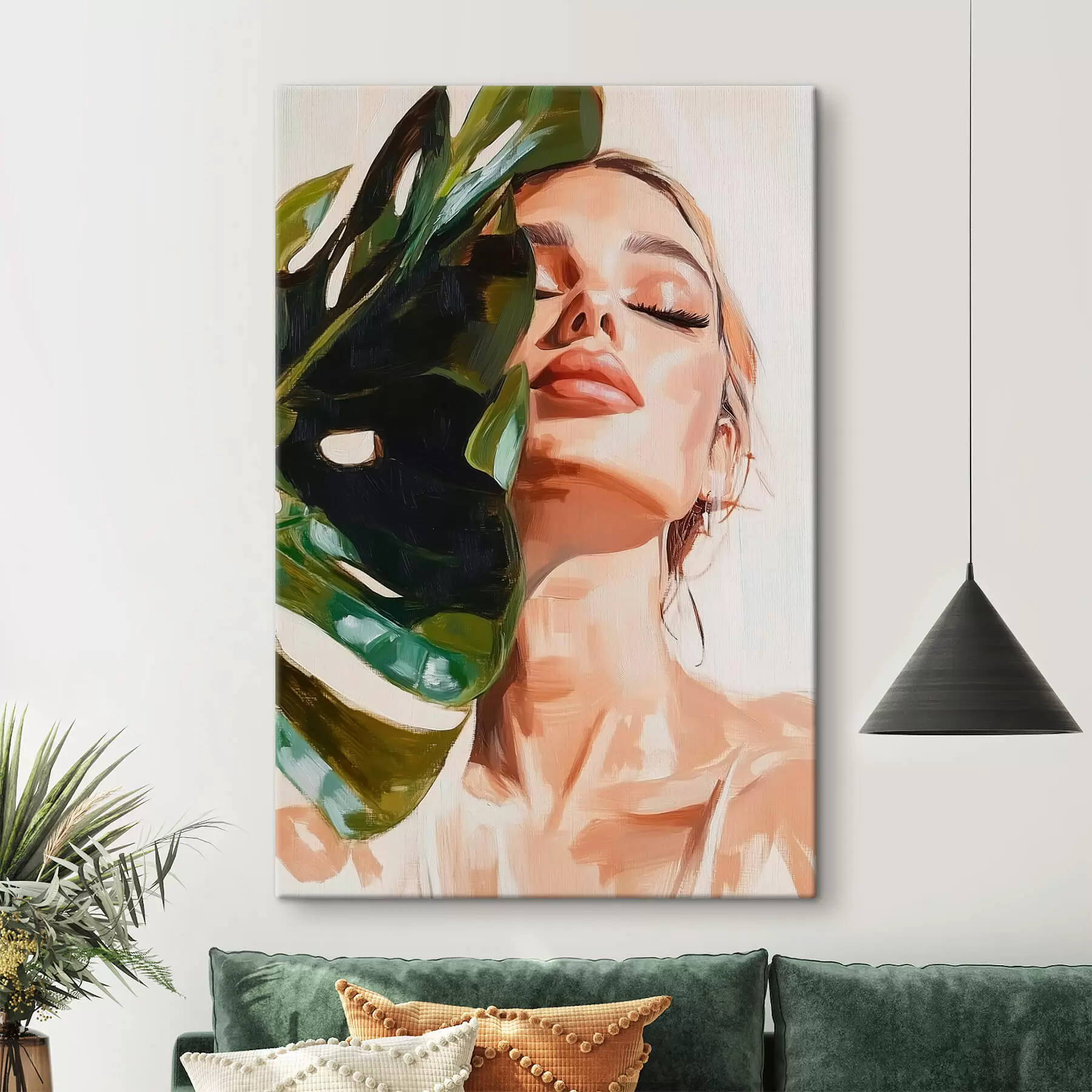 carta da parati Ritratto di donna con foglia di monstera con imitazioni di pennello nr. s42597