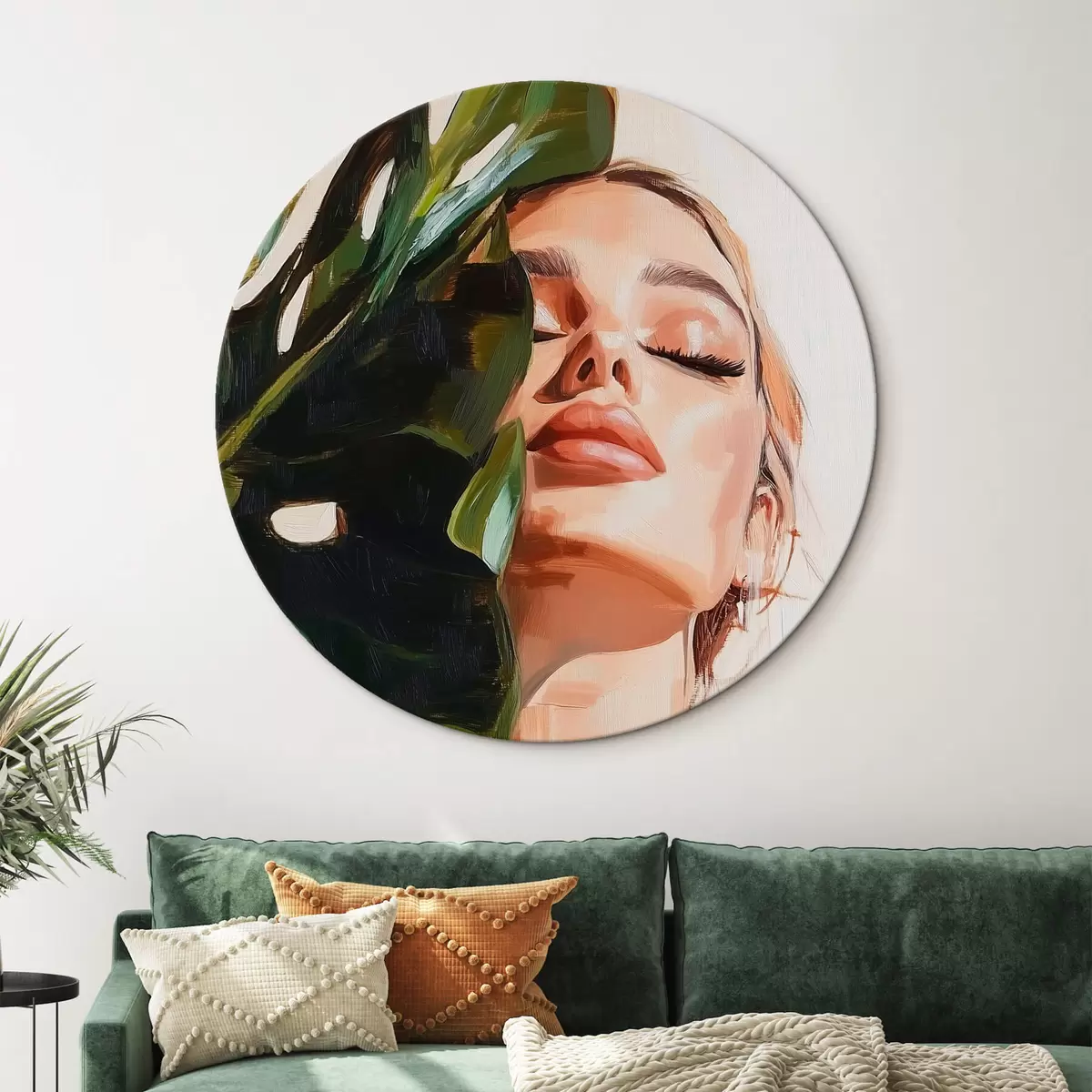 Quadri rotondi Ritratto di donna con foglia di monstera con imitazioni di pennello r42597