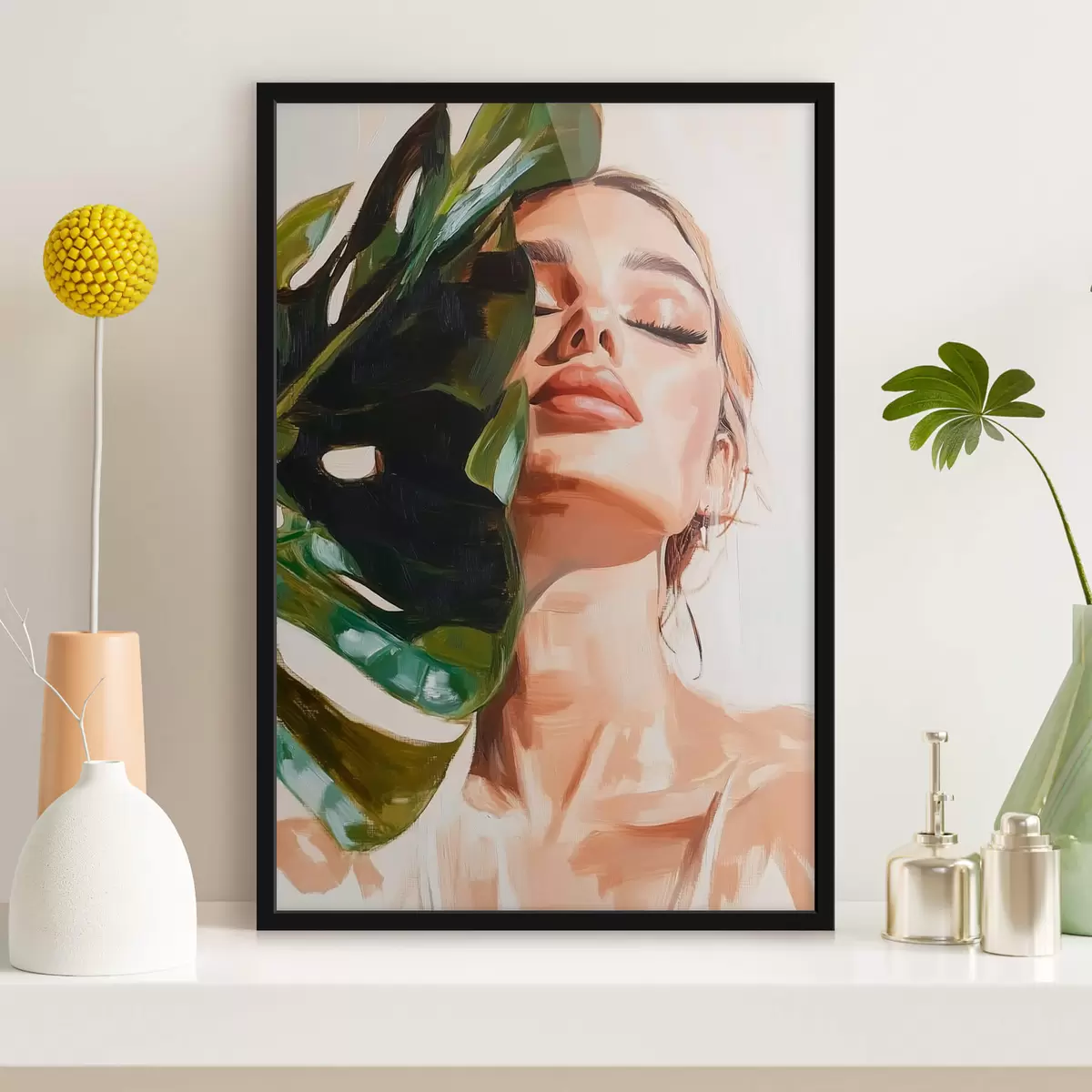 Poster Ritratto di donna con foglia di monstera con imitazioni di pennello f42597
